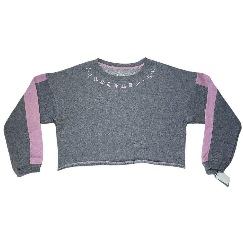 Womens Crew Neck Cropped Zodiac Signs Sweatshirt Gray Pink Size Small